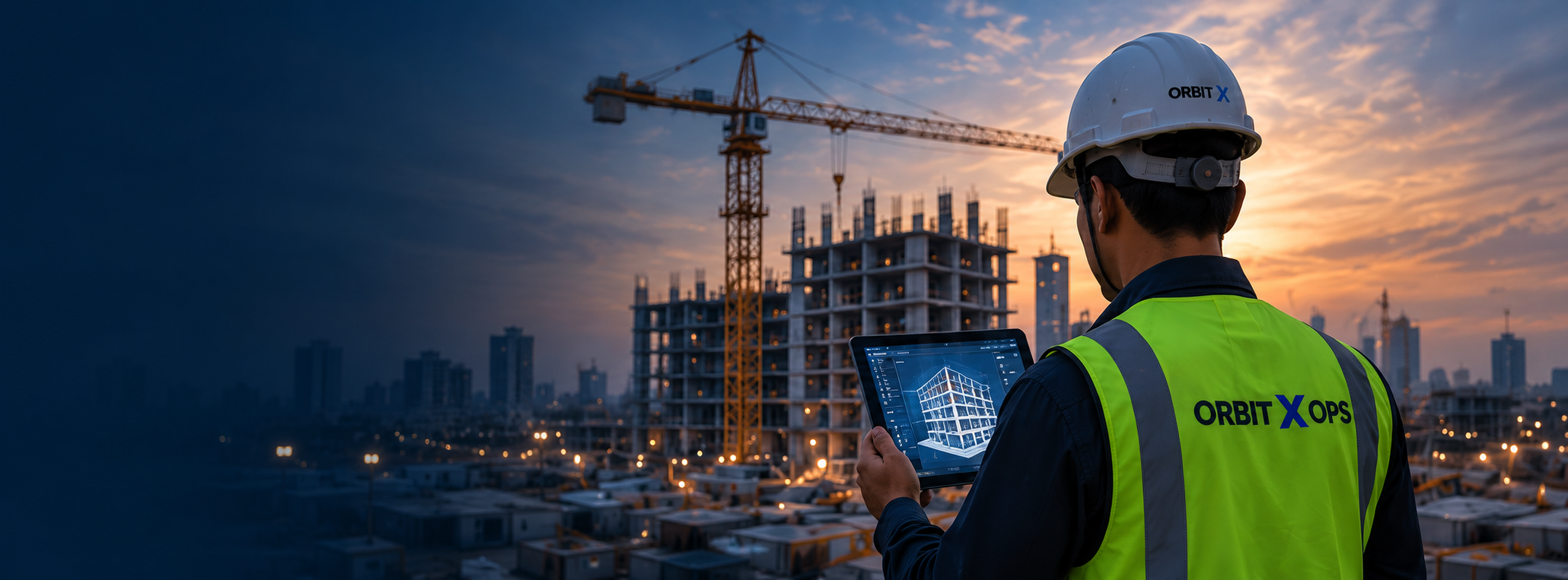 Construction operations at dusk